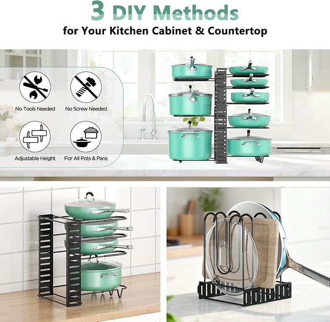 Pots and Pans Organizer Under Cabinet Expandable, 8-Tier Adjustable | Expandable 11.7–19", 3 DIY Modes, Tool-Free Assembly, Non-Slip, Fits Pots 6–11", For Kitchen Cabinets, Shelves & Countertops - Image 3