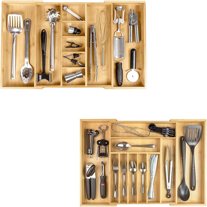 Silverware & Utensil Organizer Bundle, 16-28in & 14-25in | Includes two organizers, expandable 16-28 in; 14-25 in, food-safe bamboo, fits most drawers by KitchenEdge
