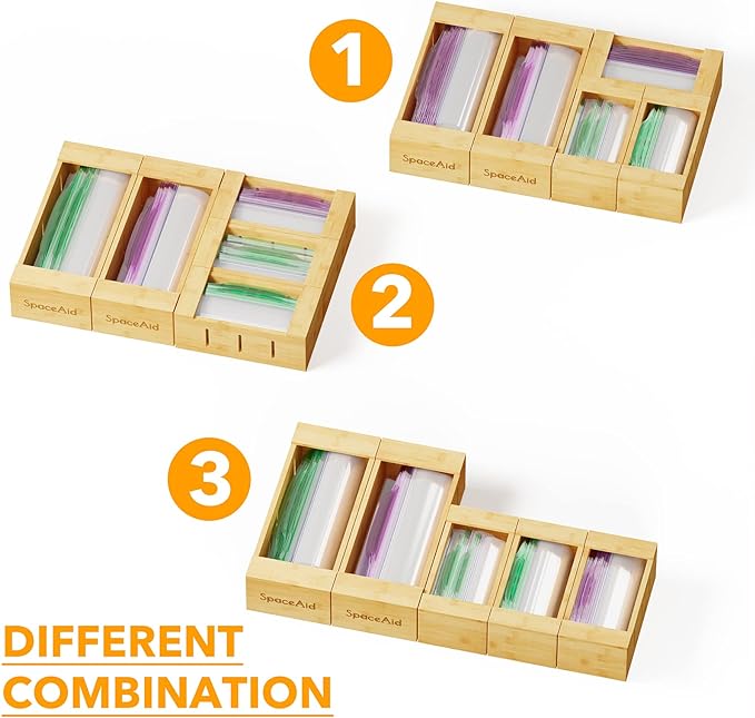 SpaceAid Bag Storage Organizer for Kitchen Drawer, Bamboo Organizer, Compatible with Gallon, Quart, Sandwich and Snack Variety Size Bag (5 Pack Set) - Image 5