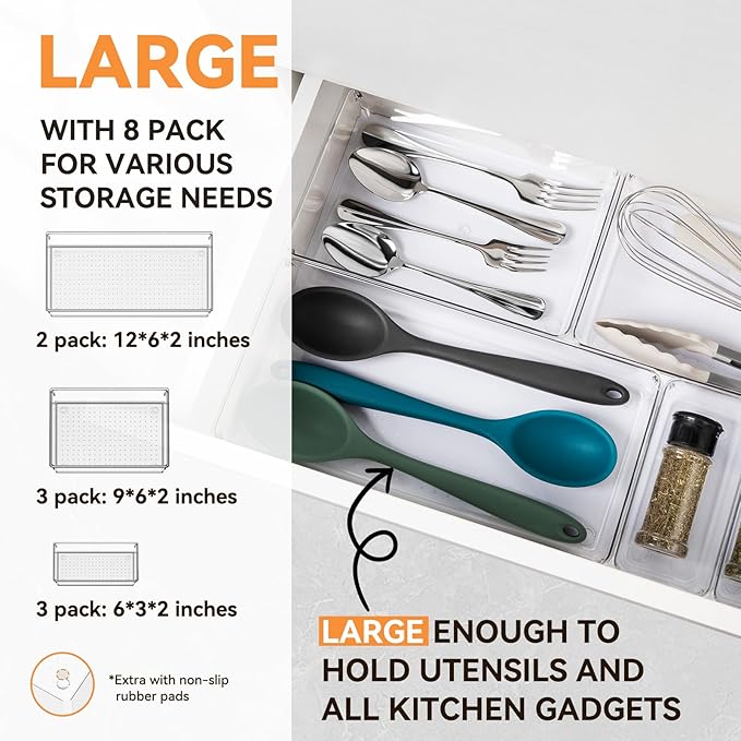 8 Pack Drawer Organizer for Kitchen Gadgets, Large Clear Plastic Drawer Divider for Kitchen Accessories, Bathroom Organizers and Storage, Home Essentials for Makeup and Vanity Accessories - Image 2