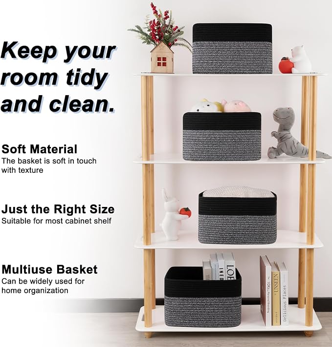 4 Pack Storage Baskets for Organizing, Woven Baskets for Shelves - Perfect for Toys, Books, Towels, and Clothes, Durable Gift Basket Bins Toy Storage, 12.7''Lx9''Wx7.8''H, Dark Grey and Black - Image 4