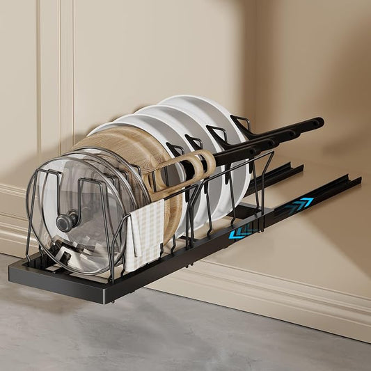 Magheo Pots and Pans Organizer Under Cabinet, 22" Deep Expandable Pull Out Pot Lid Organizer and Storage with 10 Adjustable Dividers No Drill Pot and Pan Holder Rack with Handle Bracket(1 Pack,Black) by MAGHEO