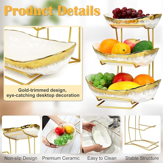 3 Tier Fruit Bowl for Kitchen Counter,Ceramic Fruit Basket with Metal Stand | Tiered Holder for Displaying Snacks, Vegetables, Nuts, Desserts, Bread, Candy Storage, Modern Countertop Organizer - Image 4
