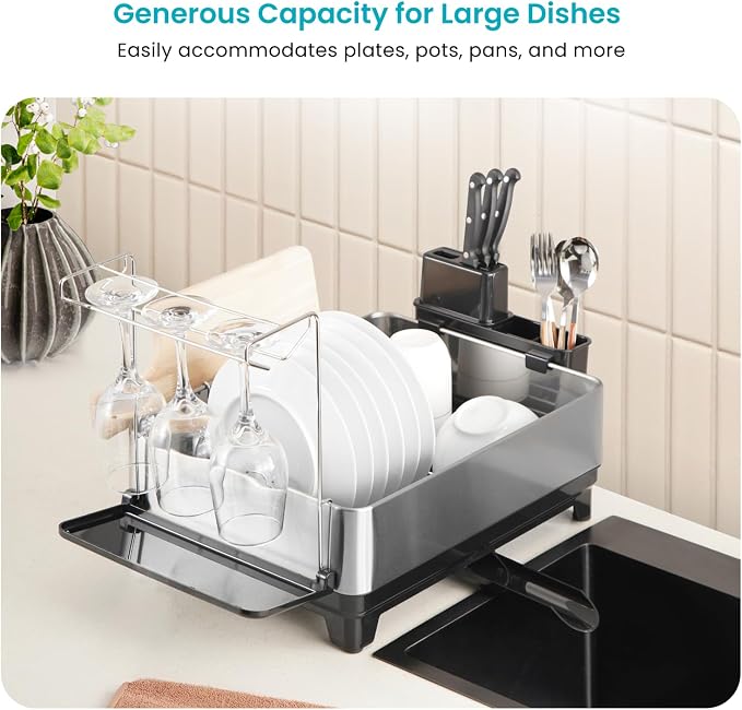 Home Zone Living Dish Drying Rack for Kitchen Counter | Stainless Steel with Drip Tray, Extendable Water Drainage Pipe, and Holders for Utensils, Wine Glasses and Cutting Board - Image 2