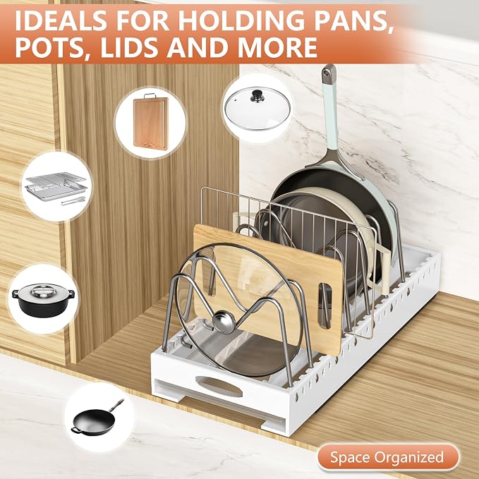 1 Pack | Adjustable Pots and Pans Organizer Under Cabinet with Drip Tray, Pull-Out Pot/Pan Lid Organizers Inside Cabinet, 20.5” Deep Carbon Steel Pan and Pot Racks with 9 Dividers for Countertop. - Image 2