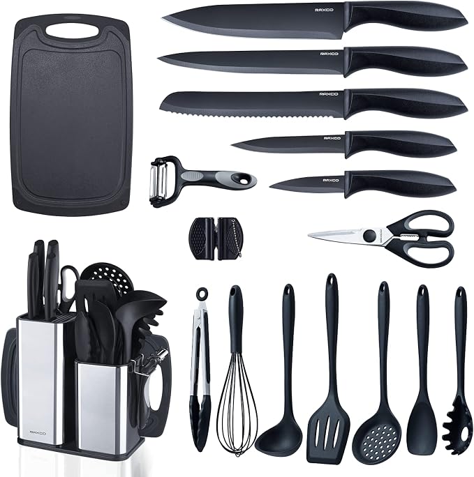 Kitchen Utensils Set,18-Piece Cooking Utensils and Knife Set,Black | Food-grade Silicone Heat-safe to 410°F, Detachable Stainless Steel Holder, 5 Kitchen Knives and Cutting Board All-in-one by RAXCO