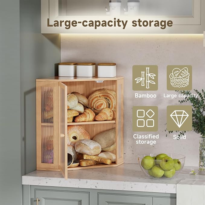 Corner Bread Box for Kitchen Countertop,Bread Storage(Natural, Extra Large) | Double Layer Large Capacity Bamboo Bread Container Bin with Acrylic Door,Height Adjustable - Image 6