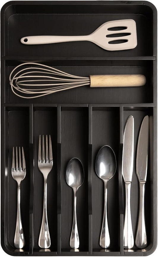 Silverware & Utensil Organizer, Fixed 10.5 in, Black | Cutlery, flatware holder, rounded corners, 7 compartments, non-slip feet, kitchen drawers by KitchenEdge