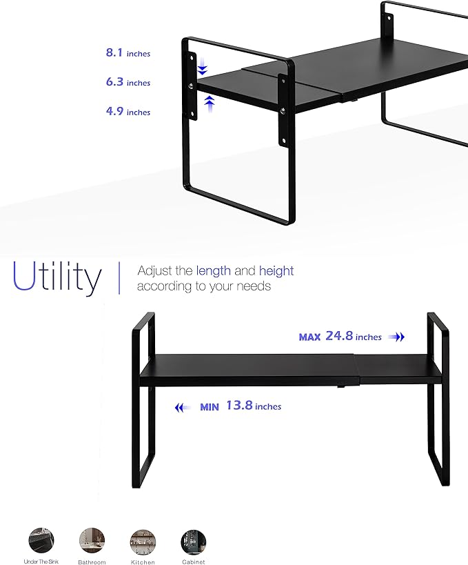Nxconsu Cabinet Shelf Riser, Adjustable Cabinet Organizer, 8.6" Deep Black | Heavy-Duty Metal Expandable Shelf Holds 50 lb with 3 Height Levels for Kitchen Cabinet Cupboard Pantry Dish Mug - Image 4