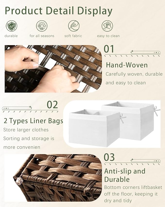 SETVSON Storage Basket with Lid, 2-Lid PE Rattan Storage Bin, Brown | 65L Storage Bin with 2 Separate Lids, 2 Removable Liners with Divider for Clothes & Blankets, Sturdy Frame, Brown - Image 3