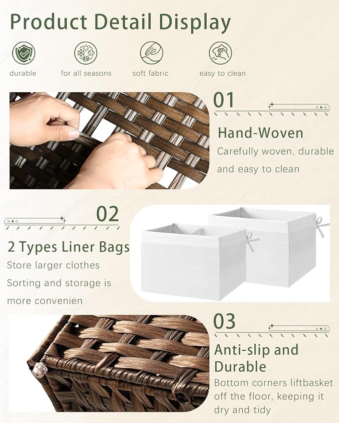 SETVSON Storage Basket with Lid PE Rattan Storage Basket 105L, Brown | 27.8 Gal Storage Bin with 2 Separate Lids, 2 Removable Liners for Clothes & Blankets, Sturdy Metal Frame, PE Rattan - Image 3