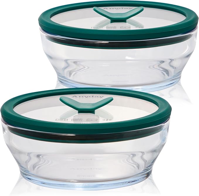 Anyday 2-Pack 2-Cup Glass Food Storage Set (Clear Kale) | Glass Lids, Plastic-Free Meal Prep Set, Stackable Airtight Storage Container, Vented Lid for Microwave-Safe Reheating by Anyday