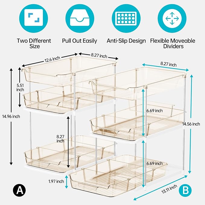Delamu 2 Pack 3-Tier Bathroom Under Sink Organizers and Storage, Multi-Purpose Stackable Pantry Organization and Storage, Pull Out Clear Kitchen Bathroom Cabinet Organizer with Movable Dividers, Amber - Image 2