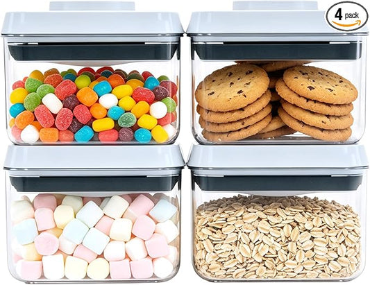 Pop Push Button Airtight Food Storage Containers 4 Pack (0.7Qt) | BPA-Free Stackable Square Canisters for Nuts, Candy, Spices, Pet Treats, Small Snacks by MiraFureBrand