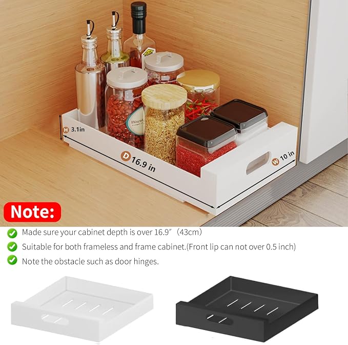 2 Pack Pull Out Cabinet Organizer Adhesive, 10" Wide 16.9" Deep Pull out Drawers for Face Frame or Frameless Cabinets, No Drill Heavy Duty Carbon Steel Drawer, Pantry Cabinet Shelf - Image 2