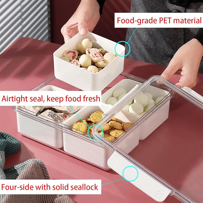 2Pack Divided Veggie Tray with Lid Snackle Box Serving Container Salad Keeper with 4 Removable Boxes Stackable Refrigerator Organizer Bins Produce Saver for Meal Prep Fruit - Image 4