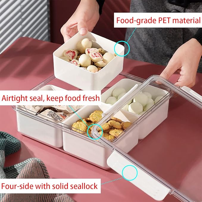 2Pack Divided Veggie Tray with Lid Snackle Box Serving Container Salad Keeper with 4 Removable Boxes Stackable Refrigerator Organizer Bins Produce Saver for Meal Prep Fruit - Image 4