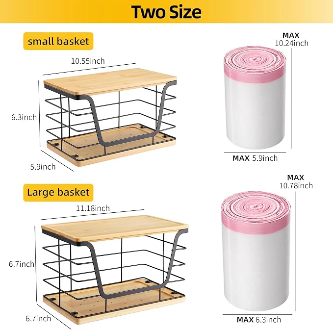 ALOCEO 2 Pack Large Garbage Bag Dispenser for 13/30/33 Gallon Bags, Potato and Onion Storage Baskets with Bamboo Lid, Stainless Steel Stackable Storage Bins for Kitchen Laundry Pantry Room - Image 3