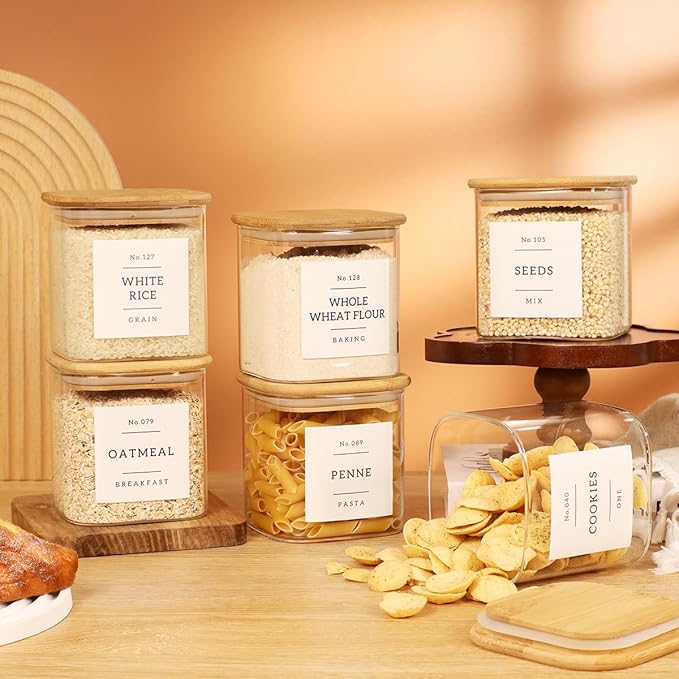 6 Pack Square Glass Pantry Storage Containers with 132 Kitchen Food Pantry Labels - 24 floz Clear Glass Pantry Jars with Airtight Wood Bamboo Lids - Glass Canisters for Sugar, Cereal, Coffee, Spice - Image 6