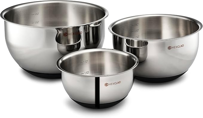 HexClad 3 Piece Stainless Steel Mixing Bowl Set with Vacuum Seal Lids | Non-Slip Base, 1.3 ,3 and 5 Quarts - Image 2