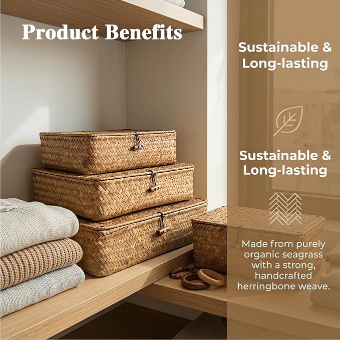 Wicker Basket With Lid Set of 5,Decorative Boxes with Lids Flat Storage Bins,Multipurpose Seagrass Storage Baskets,Wicker Basket With Lid Woven Organizer Baskets for Shelf, Closet, Bedroom - Image 4