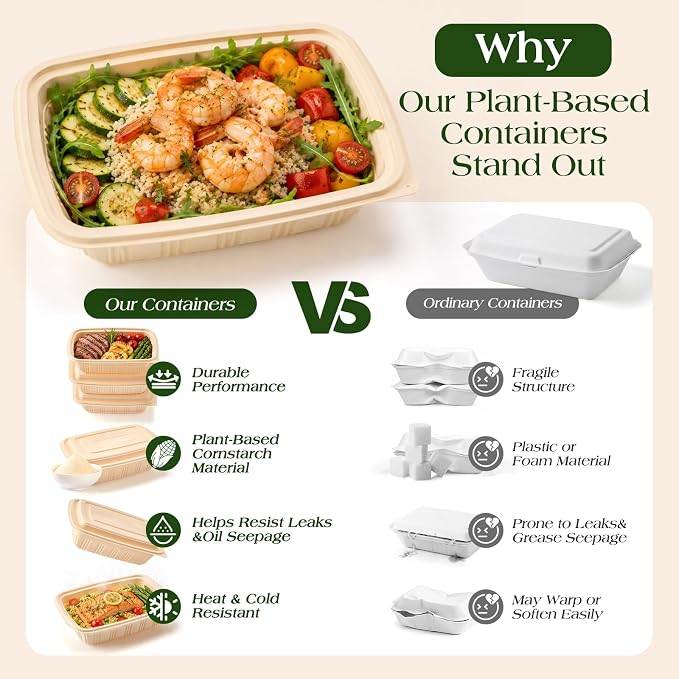 100 Piece (50 Pack) Meal Prep Containers with Lids,32 oz Resuable Cornstarch Material Salad Containers, Plant-based Lunch Boxes, Plastic Take Out Bowls BPA Free, Microwave Freezer Safe, Stackable - Image 4