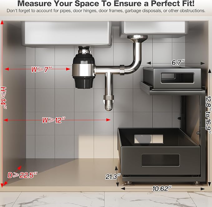 2 Pack 21.3IN-Depth Under Sink Organizer with Next-Gen Ball-Bearing Slides,2-Tier Pull Out Cabinet Storage,Height Adjustable Drawer Shelf for Bathroom,Kitchen,Laundry,Cabinet,Pantry-Black - Image 2