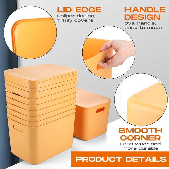 8 Pieces Colorful Storage Bins with Lid, Plastic Storage Basket Organizing Container Stackable Box with Handle for Shelves Desktop Playroom Office(14.2 x 10.2 x 9.5 Inch,Yellow) - Image 3