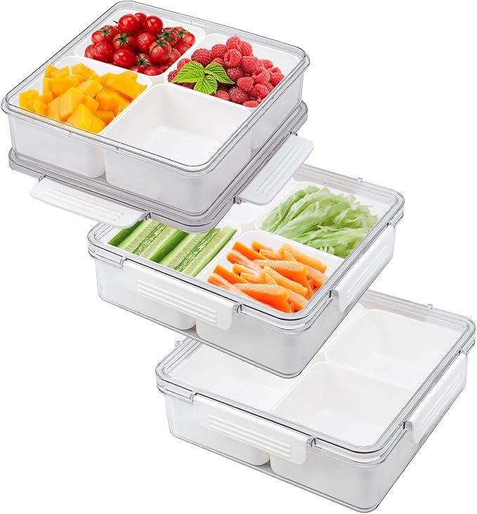 3Pack Snackle Box Divided Veggie Serving Tray with Lid Salad Keeper with 4 Removable Boxes Stackable Refrigerator Organizer Bins Produce Saver for Meal Prep Fruit Vegetable Lunch Meat - Image 8
