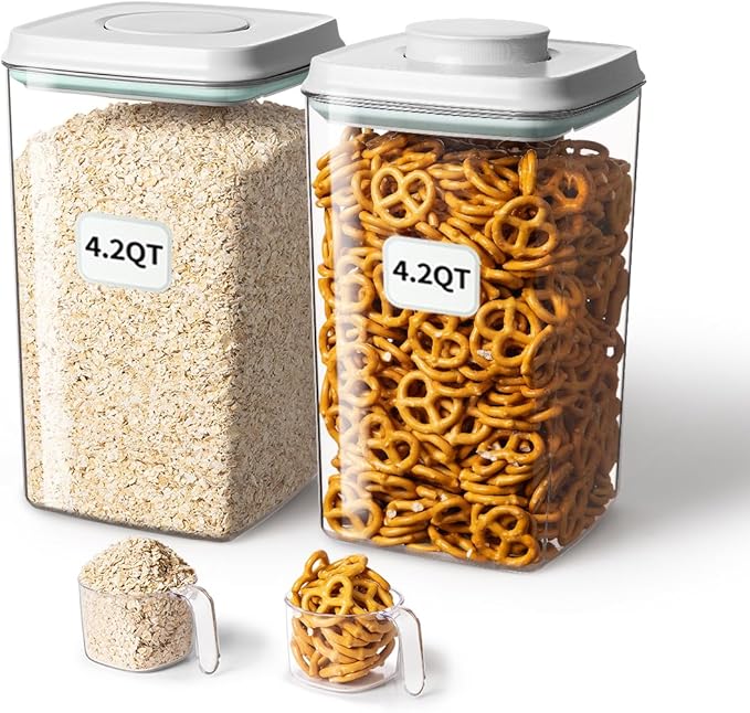 Airtight Food Storage Container with Pop Lid & 130ml Scoop, 4L/4.2qt *2 BPA-Free Cereal, Rice, Flour, Pasta & Snack Container, Stackable & Durable,Kitchen Pantry Organizer by ANKOU