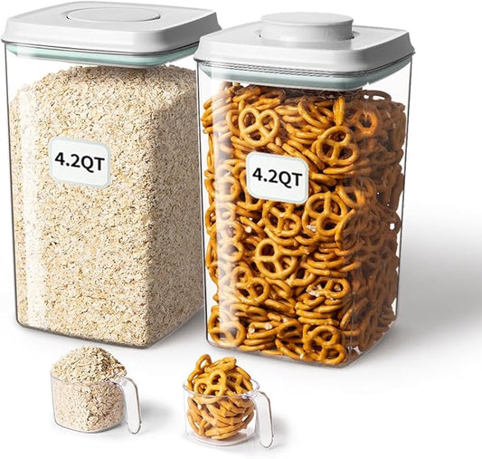 Airtight Food Storage Container with Pop Lid & 130ml Scoop, 4L/4.2qt *2 BPA-Free Cereal, Rice, Flour, Pasta & Snack Container, Stackable & Durable,Kitchen Pantry Organizer by ANKOU