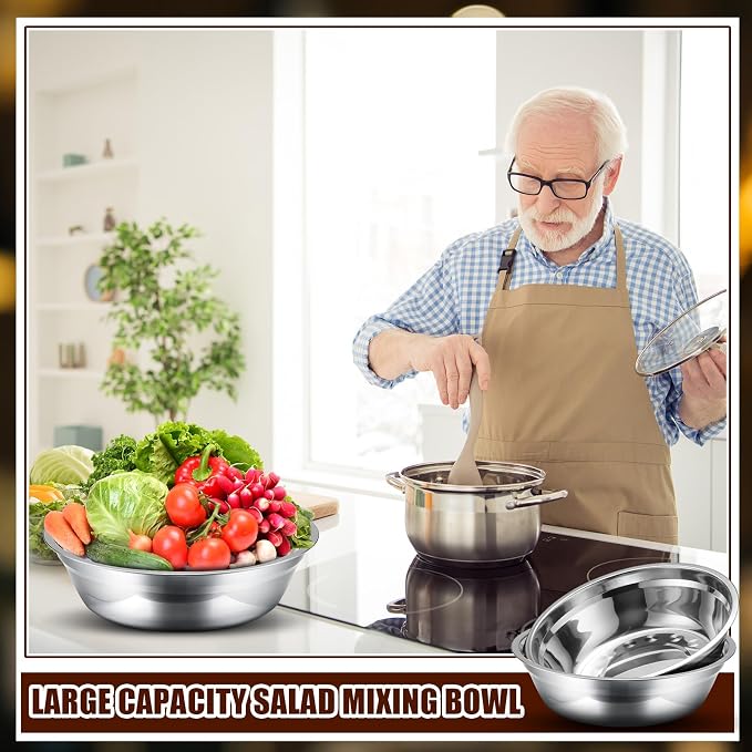 Nuogo 4 Pcs Stainless Steel Mixing Bowls Metal Mixing Bowls Extra Large Basin Salad Basin Deeper Edge Dishwasher Safe Mirror Finish for Home and Commercial, Silver (11 Inch 3.4 Qt) - Image 3