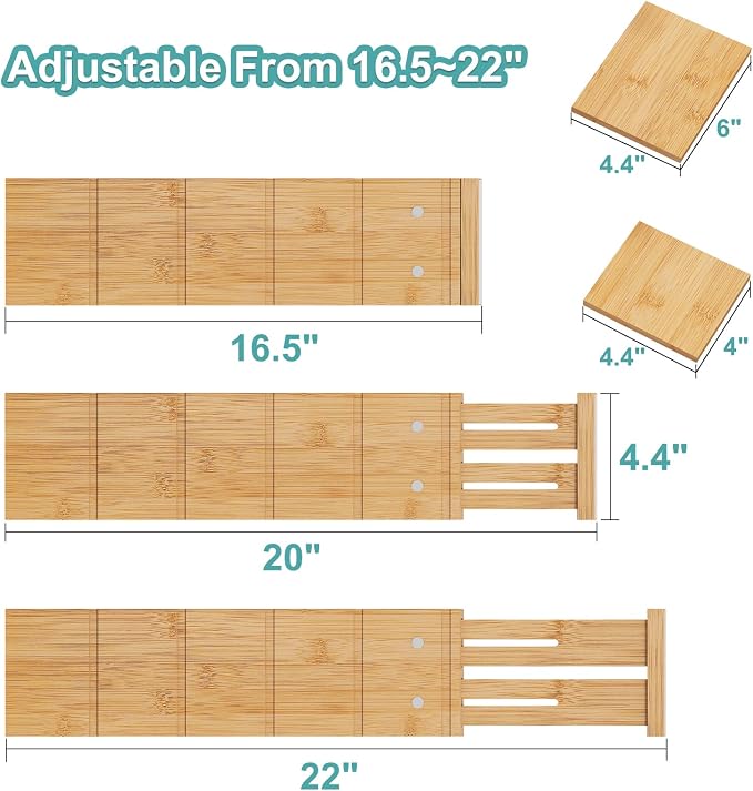 4.4" High Bamboo Drawer Dividers with Inserts, Kitchen Adjustable Drawer Organizers, Expandable Organization for Home, Office, Dressers, and Bathroom, 4 Divider with 8 Insert - Image 7