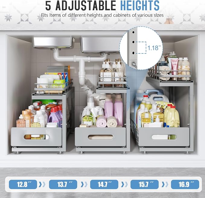 Under Sink Organizer Upgrade To Professional Rails,2-Tier Dual Pull Out Cabinet Storage,Height Adjustable Slide Out Drawers For Bathroom Kitchen,2 Pack-14.5"Dx12.8"-16.9"H,Gun Gray - Image 5