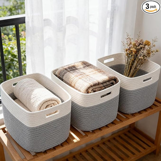 3 Pack Woven Baskets,Storage Baskets for Shelves with Handles | 13.5"×11"×9.5", Closet Baskets, Nursery Organizer for Toys Towels Books, Storage Bin for Living Room Bedroom (White & Grey) by HZFTJOY