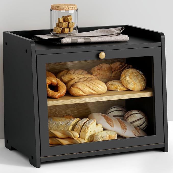 Goozii 2 Tier Bread Box for Kitchen Countertop Black, Double Layer Breadbox for Counter Top, Large Wood Vintage Bread Storage Container for Homemade Bread, Corner, Under Cabinet, Pantry by Goozii