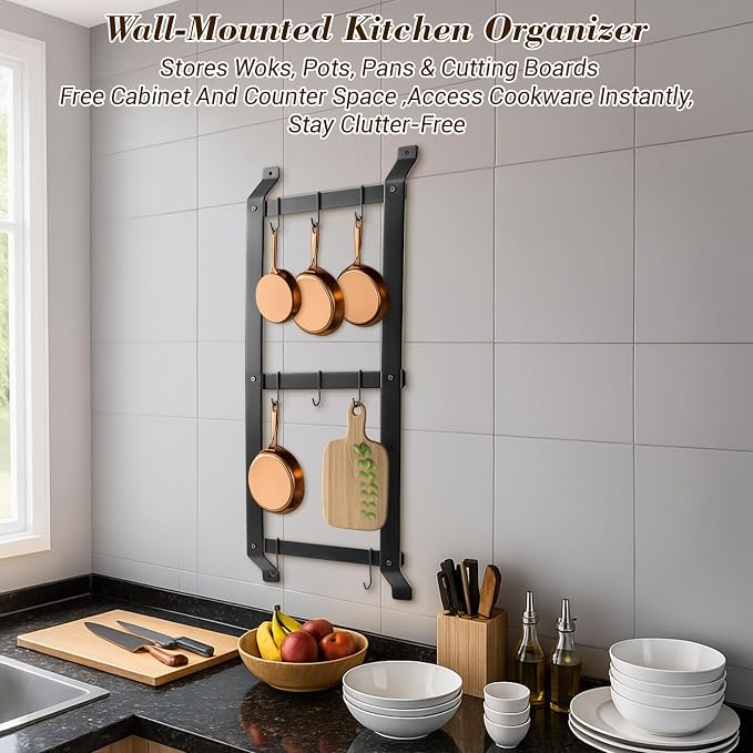 37” Pot and Pan Hanging Rack Wall Mounted, 3 Tier Iron Vertical Hanging Pan Organizer Shelf with 8 S Hooks Hanger for Kitchen Utensils, Space Saving Storage for Cookware - Image 4