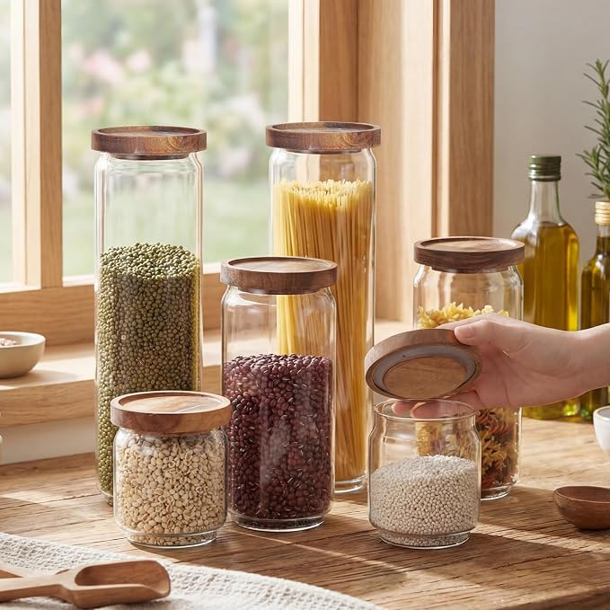 SiliFine 6 Set Glass Pantry Storage Jar with Acacia Airtight Lid 3 Size Glass Storage Container Jar for Pasta Spaghetti Cereal Coffee Bean Flour Sugar Rice, 17oz, 35oz, 53oz (Wood Lid) - Image 4