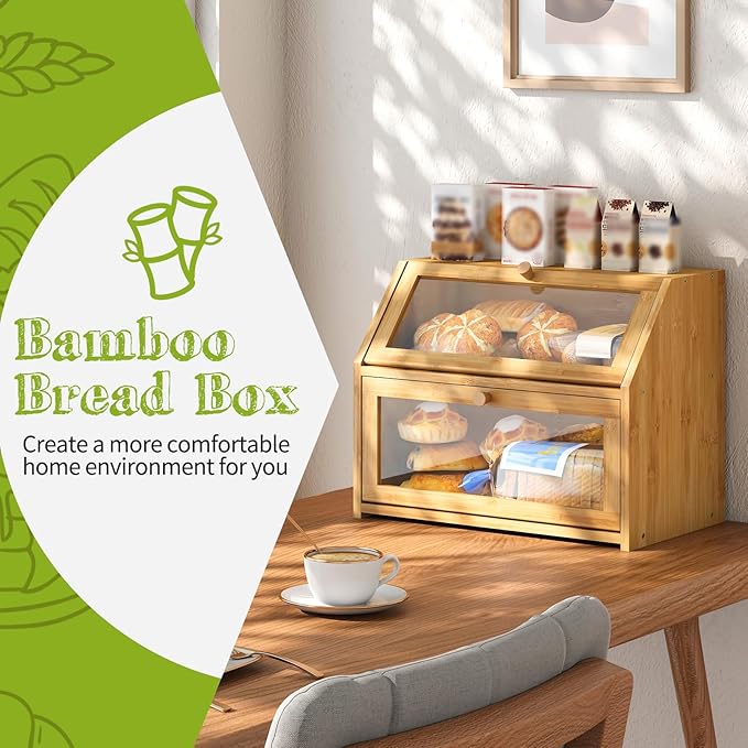 BMOSU Farmhouse Bread Box for Kitchen Countertop Bread box Double Layer Bamboo Wooden Extra Large Capacity Bin Kitchen Food Storage Container(Natural) - Image 2