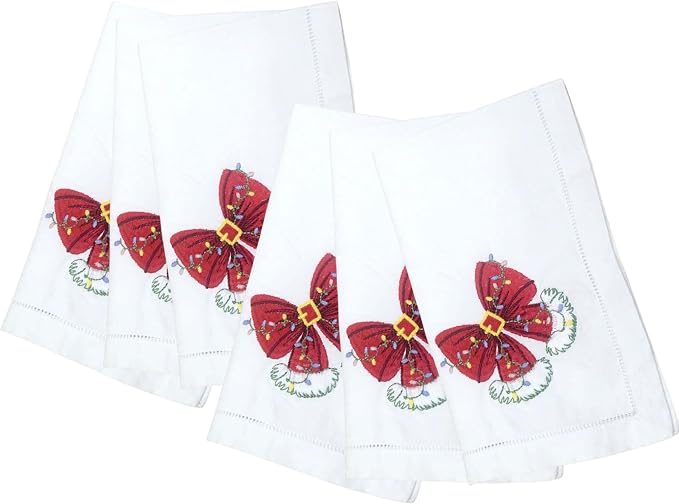 Embroidered Cloth Napkin Red Bow Christmas Cotton Napkins Set of 6, 20x20 Hemstitch Table Napkins, Machine Washable, Daily & Holidays, Great Gift Ideas by Unknown