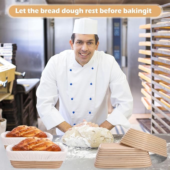 Nuogo 4 Pieces 10 Inch Bread Banneton Proofing Basket Rattan Banneton Dough Proofing Bowls with Liners and Scatters for Home Sourdough Baking (Rectangle) - Image 7