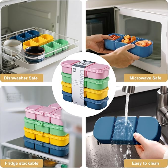 Silicone Reusable Snack Containers with Lids, 4 Pack 3 Compartment Bento Snack Boxes, Leakproof Food Storage Containers for Meal Prep, Lunch, Fruits, Kids & Adults, Dishwasher Safe - Image 6