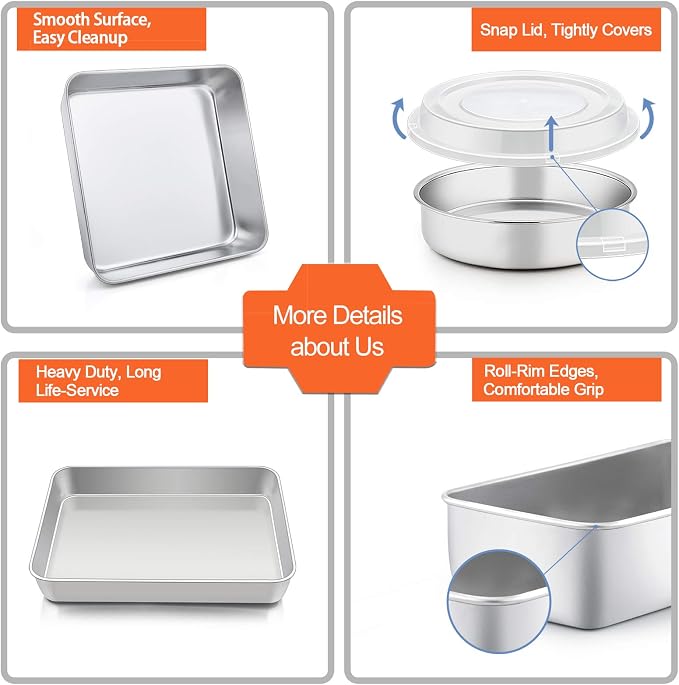 TeamFar Stainless Steel Bakeware Set of 5 | Baking Roasting Pan Set with Lid, Lasagna Pan with lid, Square & Round Cake Pan, Loaf Pan & Muffin Pan, Healthy & Sturdy - Image 6