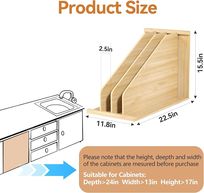 tonchean Wood Tray Dividers for Cabinet with 3 Sections | for Pans, Lids, Pan, Cookie Sheet, Racks Lids, 15.5in(H) x22.5in(D) x11.8in(W) - Image 3