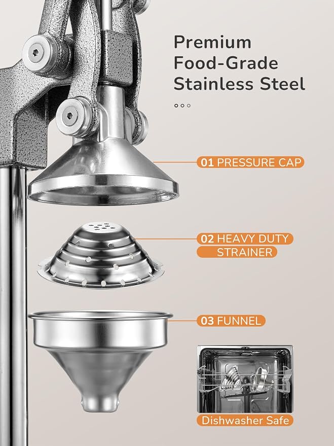 QCen Manual Citrus Juicer Cast Iron Heavy Duty Orange Press | Stainless Steel Strainer, Hand Squeezer, Easy To Clean, For Orange, Lemon, Lime And Grapefruit, Silver - Image 3