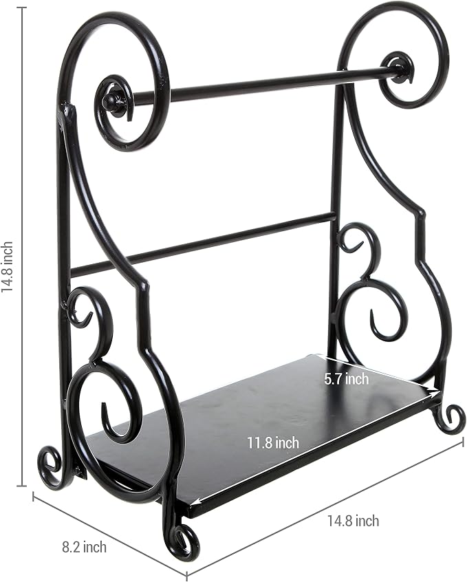 MyGift Black Metal Freestanding Paper Towel Holder Countertop with Shelf | Decorative Organizer for Kitchen, Scrollwork Design, Horizontal Storage for Spices, Napkins, and Condiments - Image 3