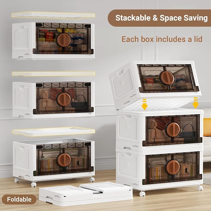 BROVIEW 480Qt Lockable Stackable Storage Bins with Lids, Closet Organizers and Storage Drawer, Collapsible Storage Bin with Wheels, Plastic Cabinet for Toy Clothes Dorm Organizer, V9 4 Pack Brown - Image 7