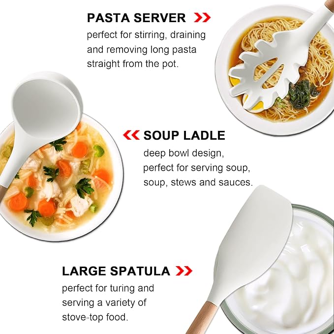 Kitchen Cooking Utensils Set 6Pcs Non-Stick Silicone Kitchen Utensils Spatula Spoon Turner Ladle Pasta Server, Heat Resistant Wooden Handle Silicone Cooking Gadgets Sets for Cookware & Baking - Image 4