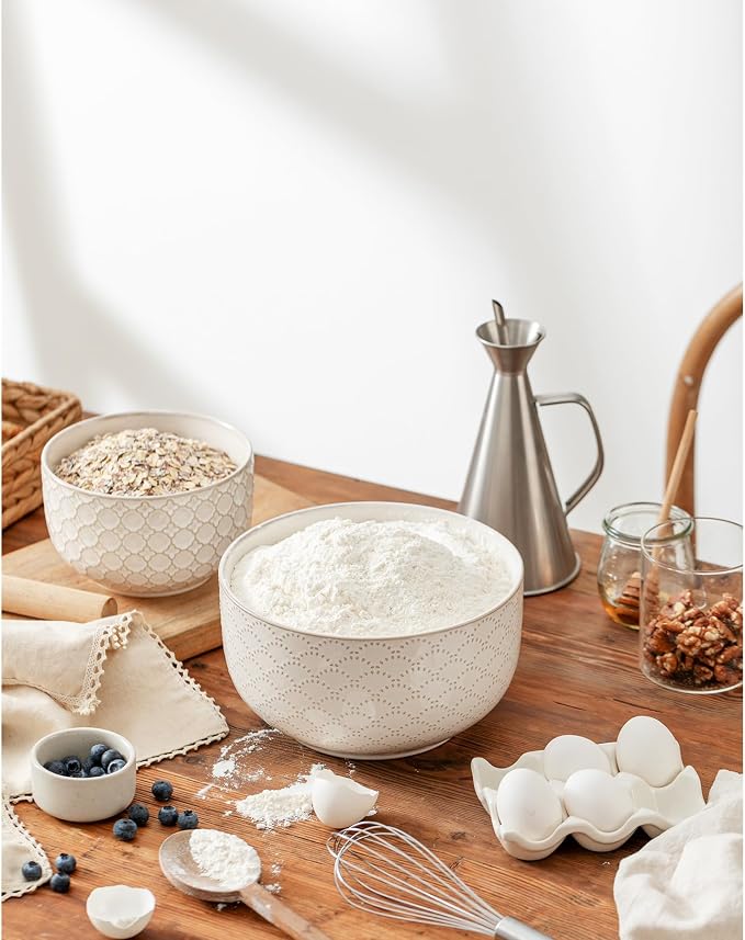 Mikiegy Ceramic Mixing Bowls Set of 2, Nesting Ceramic Embossment Stoneware Mixing Bowls for Cooking, Serving, Popcorn, Salad etc, Microwave & Dishwasher Safe, 44/98 oz, Off-White - Image 7