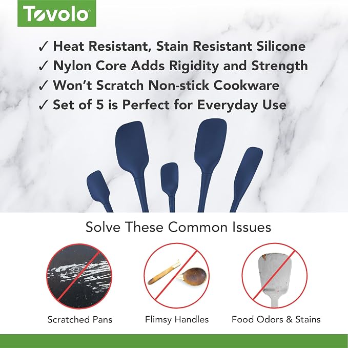Tovolo Flex Core 5 Piece Silicone Spatula Set Heat Resistant All Silicone Utensils Include Non Stick Spatula Spoonula Jar Scraper, Dishwasher Safe BPA Free Spatulas for Baking Mixing, Deep Indigo - Image 3